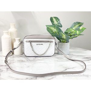 NWT Michael Kors Jet Set Large East West White Gray PVC Zip Chain Crossbody Bag